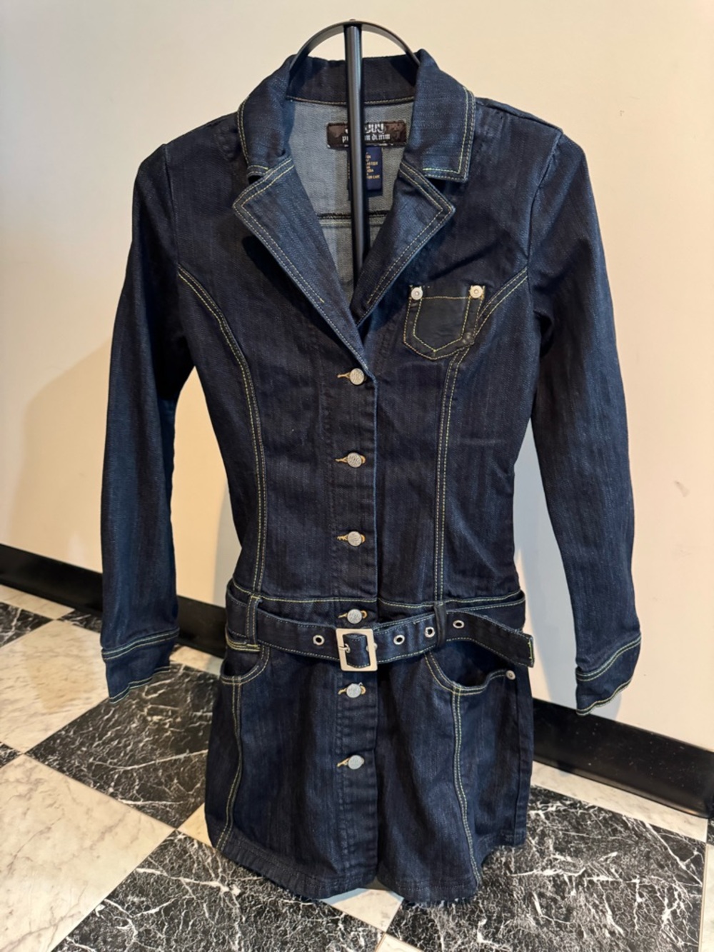 JouJouY2K Belted Denim Mini Dress Jacket | Dark Wash Western Festival Cowgirl S